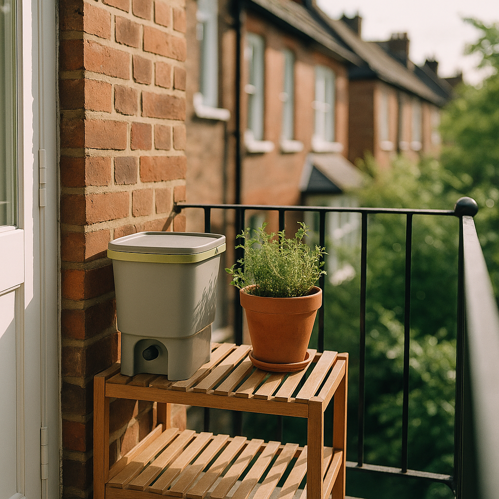 A compact UK balcony setup for composting small garden with a bokashi bin and herb pots