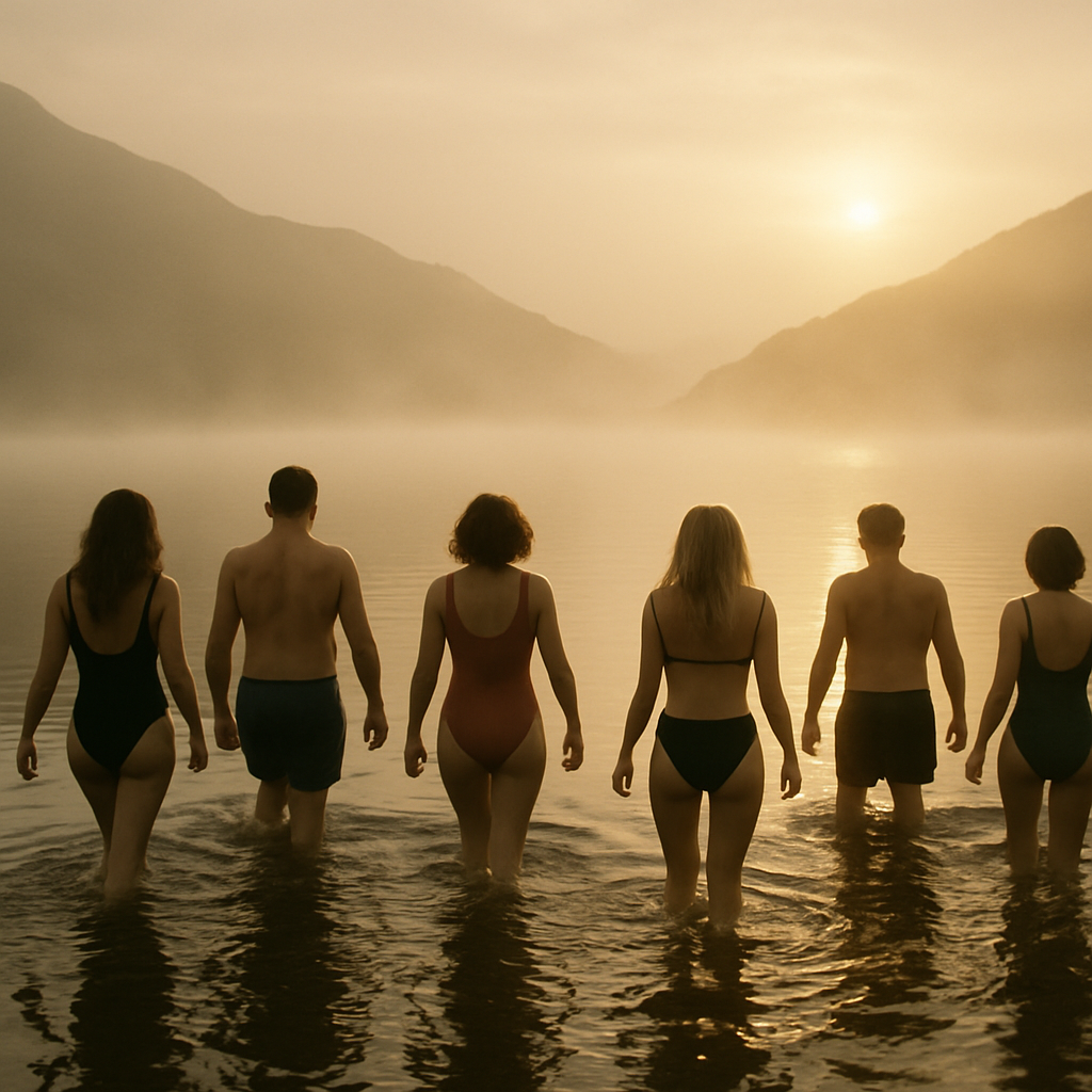 A group of people beginning cold water swimming UK at a misty Scottish loch at dawn