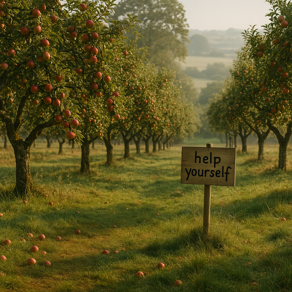A mature community orchard UK in early autumn with heavy apple trees and a handwritten sign inviting people to forage