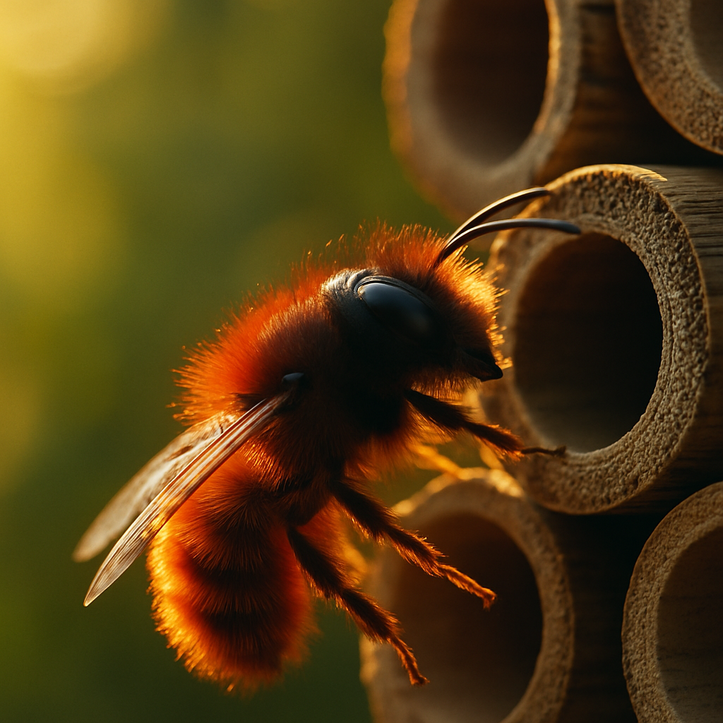 Close-up of a red mason bee entering a bamboo tube, illustrating the key subject of a solitary bee hotel UK guide