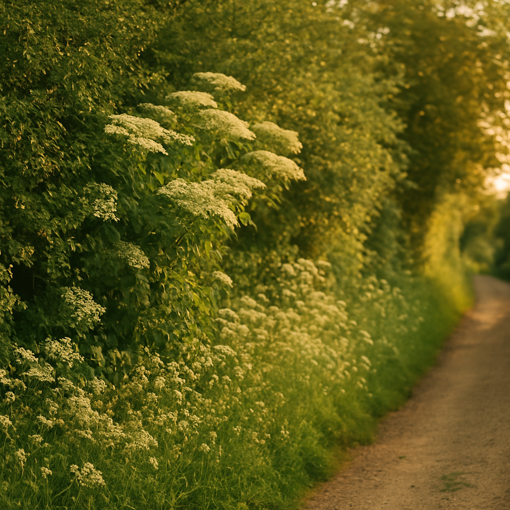 Dense British hedgerow in summer sunlight showing medicinal hedgerow plants UK countryside