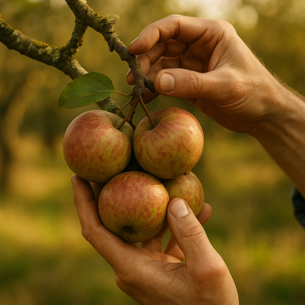 Hands picking heritage apples from a branch in a community orchard UK, close-up detail shot