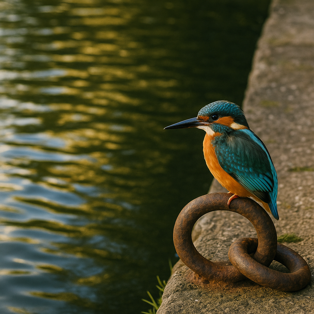 Kingfisher on a British canal towpath wall, detail shot illustrating the wildlife and canal network wellness connection
