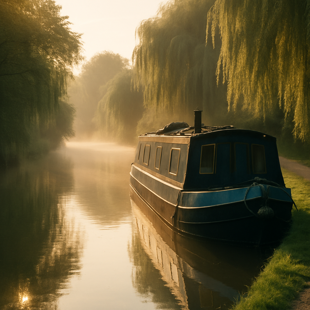 Narrowboat moored on a misty British canal at dawn, canal network wellness at its most serene