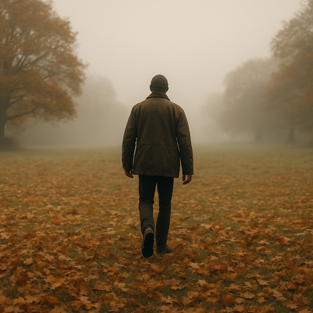 Person walking in misty British autumn field, illustrating seasonal mood changes uk