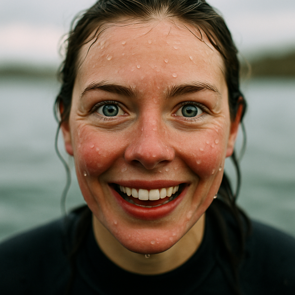Woman emerging from cold water swimming UK with bright eyes and flushed cheeks