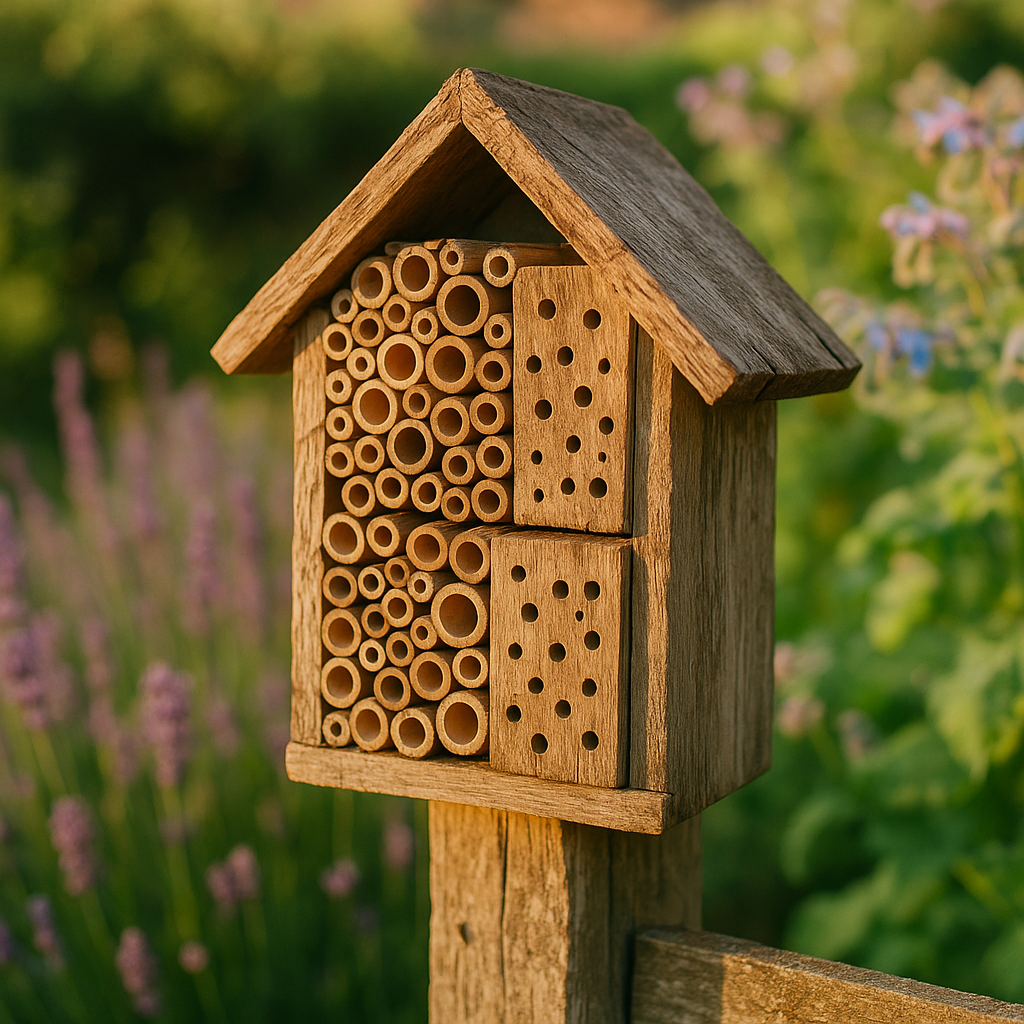 Wooden bee hotel mounted on a fence post in a UK garden, central to this solitary bee hotel UK guide