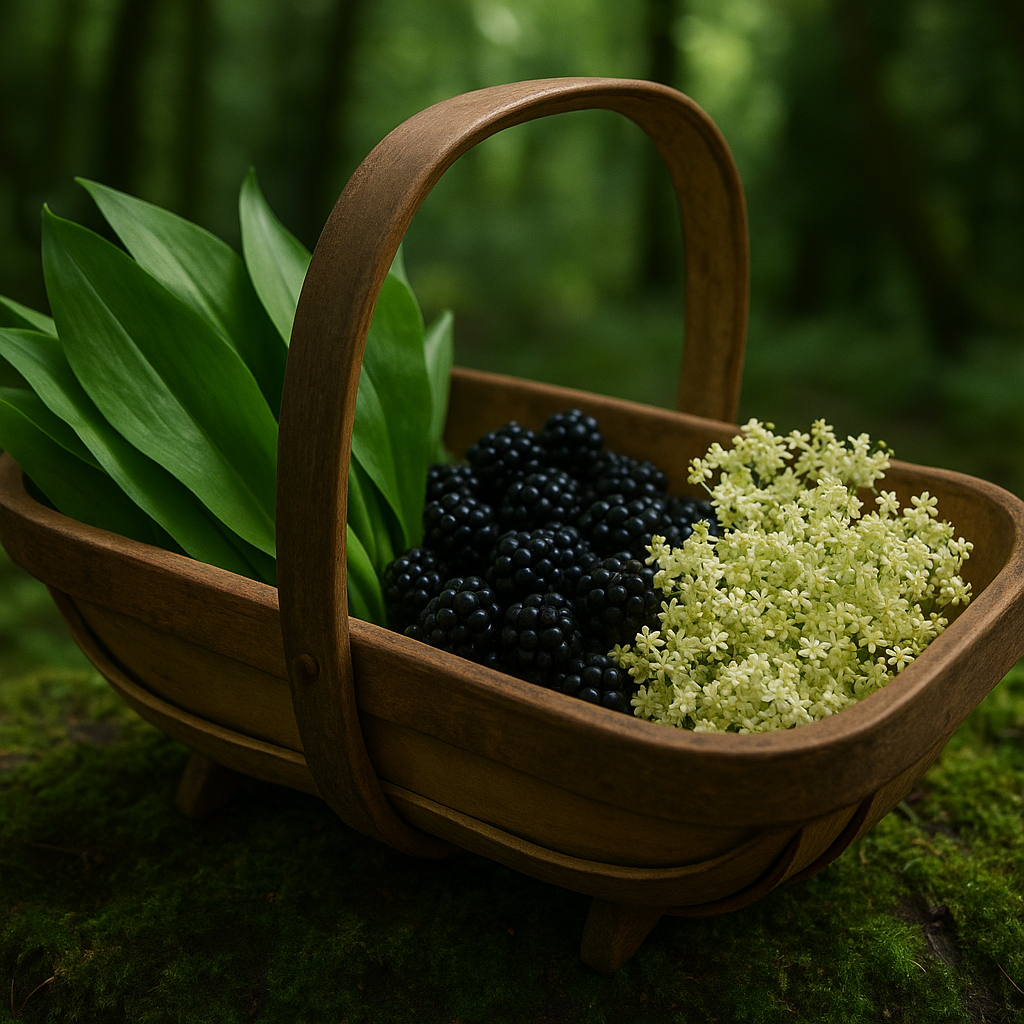 Basket of wild garlic blackberries and elderflower from wild foraging UK woodland