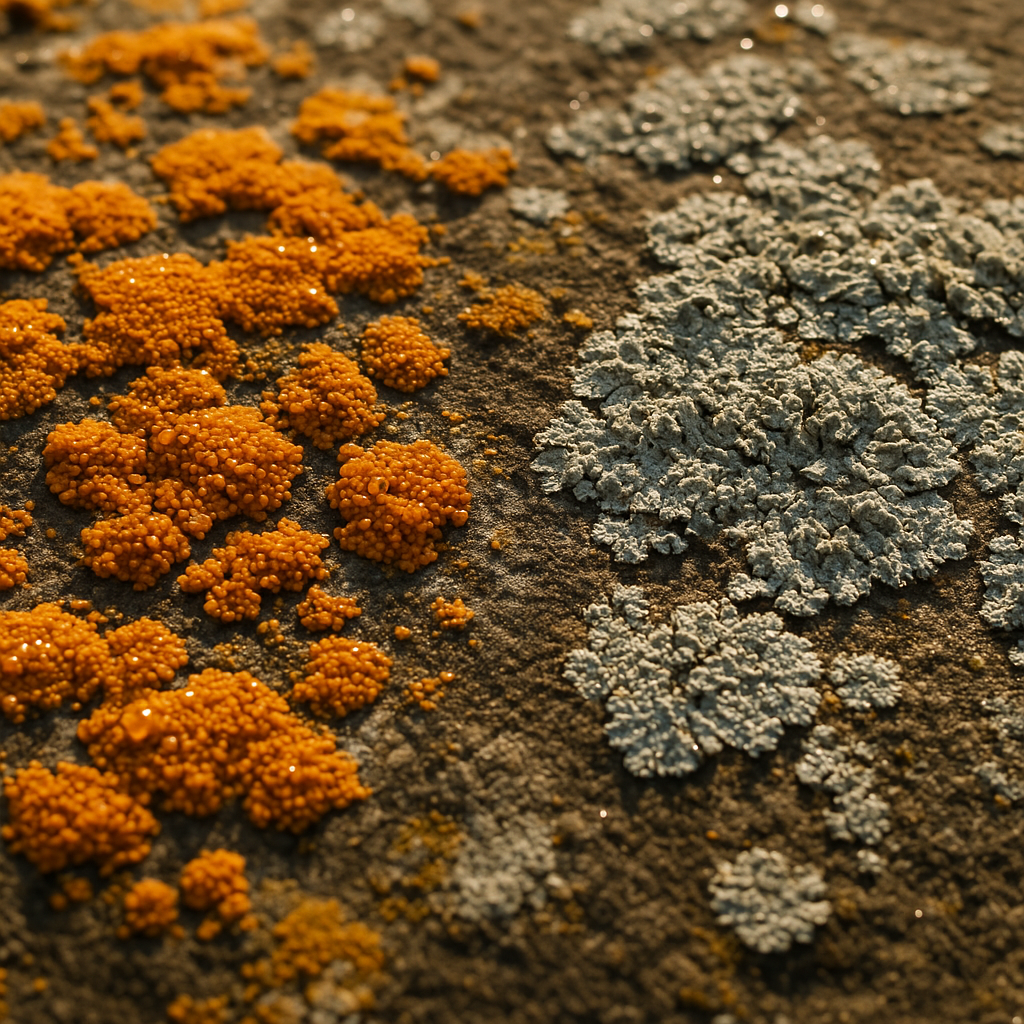 Close-up of lichen biodiversity UK on an old churchyard stone slab with moss in the crevices