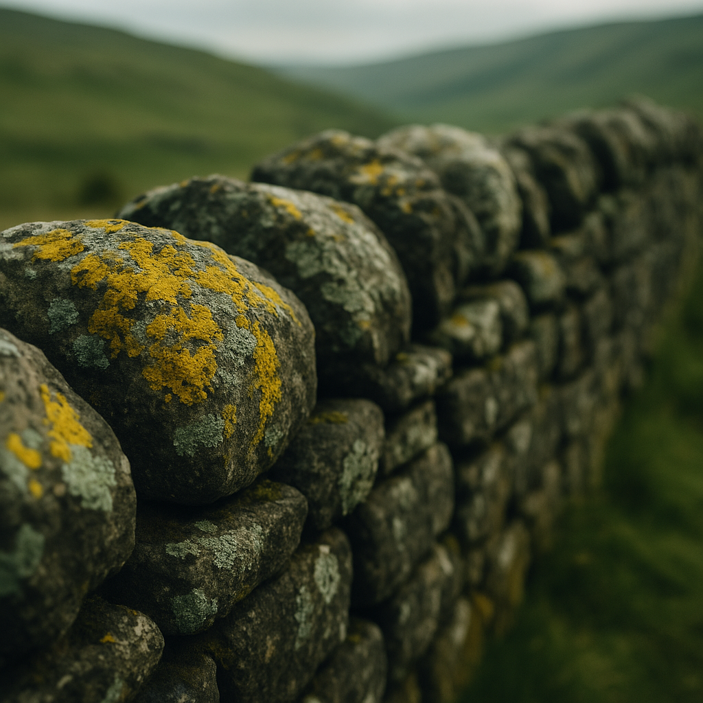 Colourful lichen biodiversity UK covering a traditional dry stone wall in the Yorkshire Dales