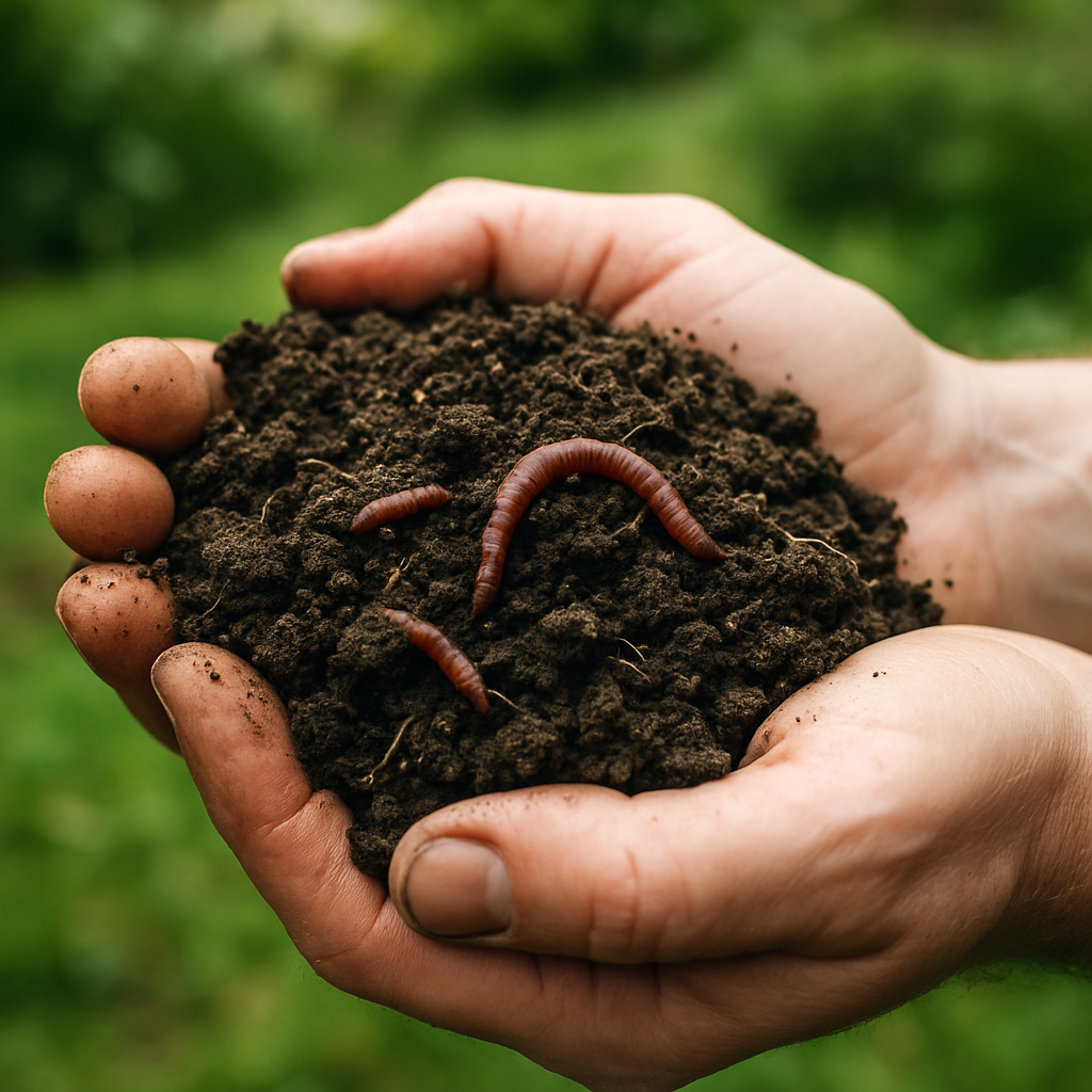 Healthy dark soil held in hands showing contrast to UK topsoil crisis