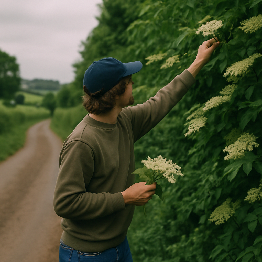 Person picking elderflower from a British hedgerow during wild foraging UK